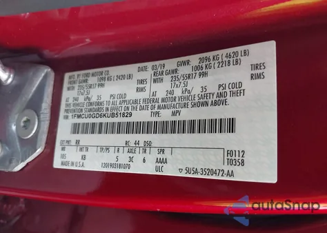 2019 Ford Escape Se from USA, damaged, VIN 1FMCU0GD6KUB51829